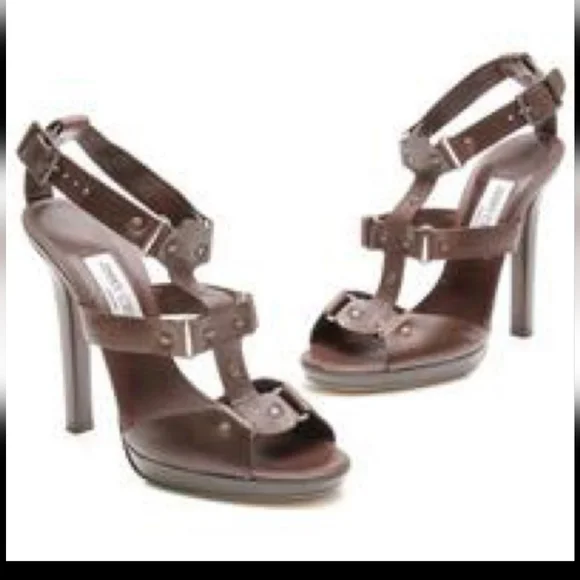 JIMMY CHOO "PRIZE" LEATHER GLADIATOR SANDAL, DK BROWN 37 IT - Picture 7 of 16